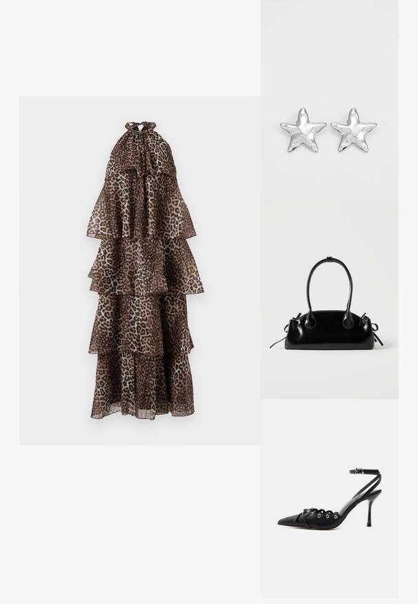 Vestido maxi de estampado de leopardo con capas en volantes, hecho de una tela translúcida, con cuello halter y bordes con volantes. Los tonos tierra dominan el diseño.; Zapato de tacón alto negro con punta fina, bordes ondulados, ojales metálicos, cordones delanteros y una correa en el tobillo con cierre de hebilla.; Pequeño bolso negro brillante con dos asas largas y detalles de cordón lateral sobre un fondo claro liso.; Pendientes en forma de estrella plateada con una superficie pulida y brillante. Cada pendiente presenta cinco puntas y sutiles detalles de textura en la superficie.