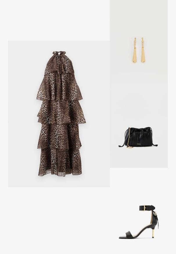 Vestido maxi de estampado de leopardo con capas en volantes, hecho de una tela translúcida, con cuello halter y bordes con volantes. Los tonos tierra dominan el diseño.; Sándal de tacón de cuero negro con punta cuadrada, correa en el tobillo con hebilla dorada y un tacón metálico esbelto. Textura suave, diseño minimalista.; Bolso de mano negro de cuero plisado con cordón ajustable, cadena dorada como asa y un pequeño detalle horizontal dorado en la parte frontal.; Pendientes colgantes en tono dorado con colgantes alargados y suaves en forma de lágrima, colgando de cierres de aros pequeños sobre un fondo blanco.