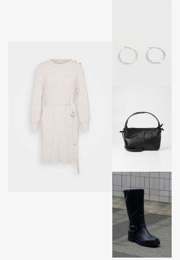 Beige Strickkleid mit rundem Ausschnitt, langen Ballonärmeln, Taillengürtel und seitlichem Schlitz. Verfügt über dekorative Knöpfe an der Schulter.; Schwarzer Lederstiefel bis zur Mitte der Wade mit niedrigem Blockabsatz und dekorativem Riemen mit Metallschnalle um den Knöchel, auf einem gefliesten Gehweg.; Schwarze Lederhandtasche mit strukturiertem Design, rundem Haltegriff und abnehmbarem Schulterriemen. Sie weist eine glatte Oberfläche und einen subtilen Glanz auf.; Silberne Metallcreolen mit glatter, leicht gebogener Oberfläche und Klappverschluss vor schlicht weißem Hintergrund.