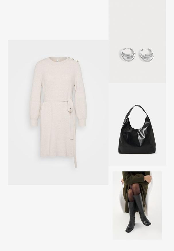 Robe en tricot beige avec un col rond, de longues manches ballon, une ceinture à la taille et une fente sur le côté. Comprend des boutons décoratifs à l'épaule.; Bottes en cuir noires arrivant au genou, avec un bout carré et un talon carré, présentées sur un modèle assis dans un manteau vert olive. Texture lisse, détails minimaux.; Sac hobo en cuir noir avec une texture douce et brillante et un haut ouvert arrondi. Dispose d'une large sangle courbée pour le transport. Pas de matériel visible.; Paire de boucles d'oreilles anneaux en argent poli avec un design de barre incurvée superposée sur un fond clair uni.