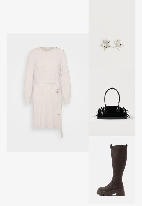 Robe en tricot beige avec un col rond, de longues manches ballon, une ceinture à la taille et une fente sur le côté. Comprend des boutons décoratifs à l'épaule.; Botte haute marron foncé jusqu'au genou avec une semelle épaisse et des languettes en haut, conçue pour un maintien solide et élégant.; Petit sac à main noir brillant avec deux longues anses et des détails à cordon sur les côtés sur un fond clair uni.; Boucles d’oreilles créoles en forme d’étoile argentée avec une finition lisse et polie sur un fond blanc uni.