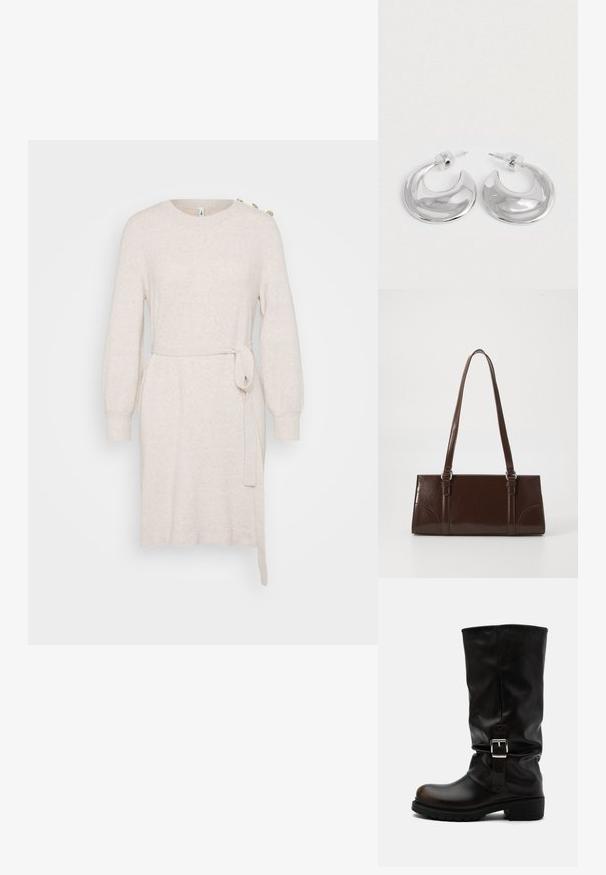 Beige Strickkleid mit rundem Ausschnitt, langen Ballonärmeln, Taillengürtel und seitlichem Schlitz. Verfügt über dekorative Knöpfe an der Schulter.; Hoher schwarzer Lederstiefel mit abgerundeter Spitze, niedrigem Absatz, seitlichem Schnallenriemen und leicht geschliffenem Schaft auf weißem Hintergrund.; Braune Lackleder-Handtasche in rechteckiger Form, mit zwei langen Griffen und subtilen, geschwungenen Akzenten auf der Vorderseite.; Ein Paar polierte silberne, halbmondförmige Creolen mit klaren Kunststoffrückseiten auf einer weißen Oberfläche.