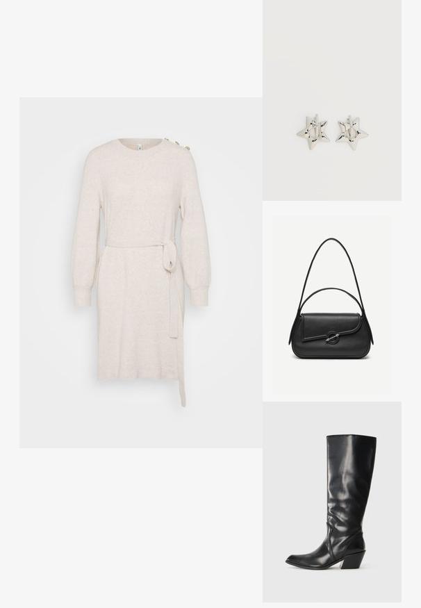 Beige Strickkleid mit rundem Ausschnitt, langen Ballonärmeln, Taillengürtel und seitlichem Schlitz. Verfügt über dekorative Knöpfe an der Schulter.; Schwarze Leder-Stiefel bis zum Knie mit spitzem Zeh, angularer Ferse und glatter Textur. Verfügt über einen dezenten gesteppten Akzent an der Seite.; Schwarze Lederhandtasche mit abgerundeten Kanten, asymmetrischem Überschlag, metallfarbenem runden Verschluss und kurzen sowie langen Schulterriemen.; Silberne, sternförmige Creolen mit einer glatten, polierten Oberfläche auf weißem, schlichtem Hintergrund.