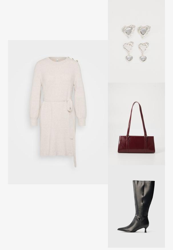 Beige Strickkleid mit rundem Ausschnitt, langen Ballonärmeln, Taillengürtel und seitlichem Schlitz. Verfügt über dekorative Knöpfe an der Schulter.; Schwarzer kniehoher Lederstiefel mit spitzer Zehenpartie und niedrigem Kittenabsatz, präsentiert vor einem schlichten hellen Hintergrund.; Burgunderfarbene Handtasche aus glänzendem Material, rechteckige Form, mit zwei Schulterriemen und subtilen, geschwungenen Akzenten an der Vorderseite.; Silberne herzförmige Ohrringe mit facettierten klaren Steinen und einem strukturierten Rahmen. Das Set umfasst Stecker- und Anhänger-Stile.