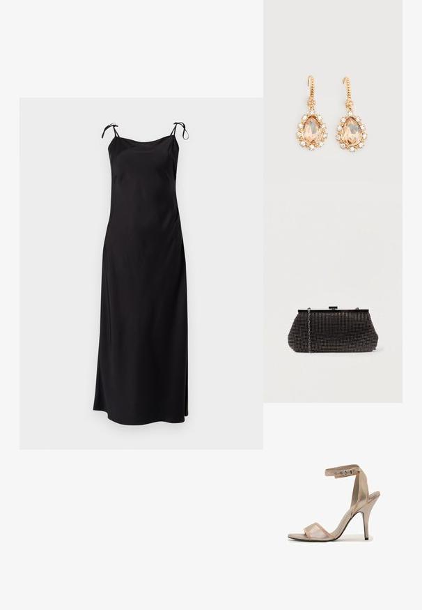 Vestido negro midi con finas tirantes ajustables, tela suave, corte recto y abertura lateral para facilitar el movimiento. Sin patrones discernibles.; Sandalía metálica dorada de tacón alto con correa en el tobillo y punta abierta sobre fondo blanco.; Bolso de mano negro de malla con una silueta estructurada, adornado con pequeños tachuelas metálicas, que cuenta con un cierre de broche y una correa de cadena desmontable.; Pendientes de gancho dorados con grandes piedras en forma de lágrima color melocotón, rodeadas de pequeños cristales transparentes sobre un fondo blanco liso.