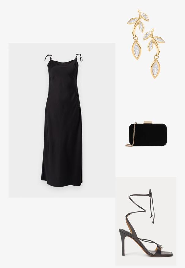 Vestido negro midi con finas tirantes ajustables, tela suave, corte recto y abertura lateral para facilitar el movimiento. Sin patrones discernibles.; Sandalia negra de tacón alto con finas correas para atar en el tobillo, punta abierta y anillos decorativos plateados en la tira frontal sobre fondo blanco.; Clutch de terciopelo negro con herrajes en tono dorado, de forma rectangular y con correa de cadena, que presenta una textura suave y sin patrones visibles.; DIAMANT L'ÉTERNEL Pendientes - gold coloured