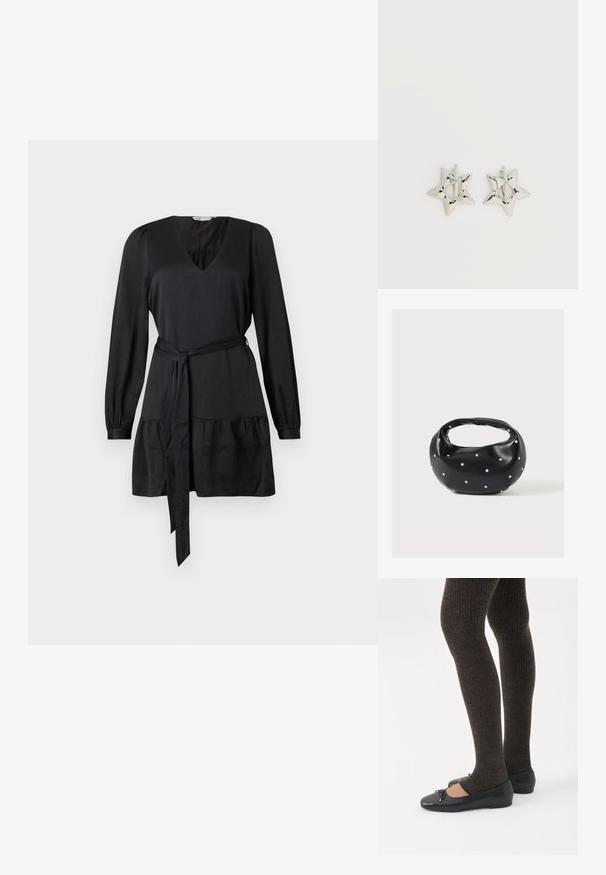 Vestido negro con escote en V, mangas largas y cinturón anudado. Presenta un volante fruncido en el dobladillo para mayor textura. Acabado de tela suave.; Piernas con leggings oscuros acanalados combinados con bailarinas negras que presentan pequeños detalles de lazo sobre un fondo blanco.; Bolso de mano de cuero negro con forma redondeada, decorado con detalles de tachuelas plateadas y un asa corta. Textura lisa y cierre con cremallera.; Pendientes de aro plateados en forma de estrella con un acabado liso y pulido sobre un fondo blanco liso.