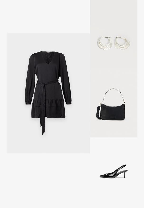 Vestido negro con escote en V, mangas largas y cinturón anudado. Presenta un volante fruncido en el dobladillo para mayor textura. Acabado de tela suave.; Tacones slingback de charol negro con punta afilada y acabado brillante. Presentan un tacón delgado y un acento redondeado en el empeine.; Bolso de hombro de tela negra con cierre superior de cremallera, cadena y correa de cuero, y un parche de logo texturizado en el frente. Presenta un exterior liso.; Pendientes de aro de plata con tres bandas semicirculares superpuestas, una adornada con pequeños cristales transparentes sobre un fondo claro.
