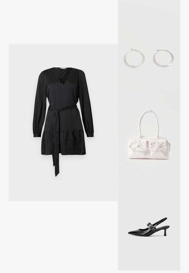 Vestido negro con escote en V, mangas largas y cinturón anudado. Presenta un volante fruncido en el dobladillo para mayor textura. Acabado de tela suave.; Zapatos de tacón en charol negro con tira al tobillo, punta afilada y un pequeño tacón bloque, que cuentan con un acento de hebilla plateada en la correa.; Bolso sintético blanco con dos bolsillos delanteros, cada uno con un detalle de lazo atado. Textura suave, asas redondeadas y cierre de cremallera.; Pendientes de aro de metal plateado con superficie lisa y ligeramente curvada y cierre de tipo mosquetón sobre un fondo blanco liso.