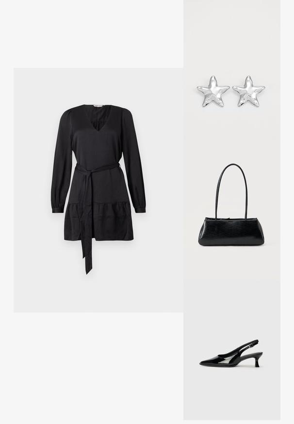 Vestido negro con escote en V, mangas largas y cinturón anudado. Presenta un volante fruncido en el dobladillo para mayor textura. Acabado de tela suave.; Zapatos de charol negro tipo slingback con punta afilada y tacón bajo. Correa ajustable con hebilla en el tobillo.; Bolso de hombro rectangular negro con correas largas y delgadas y una textura lisa y brillante sobre un fondo liso.; Pendientes en forma de estrella plateada con una superficie pulida y brillante. Cada pendiente presenta cinco puntas y sutiles detalles de textura en la superficie.