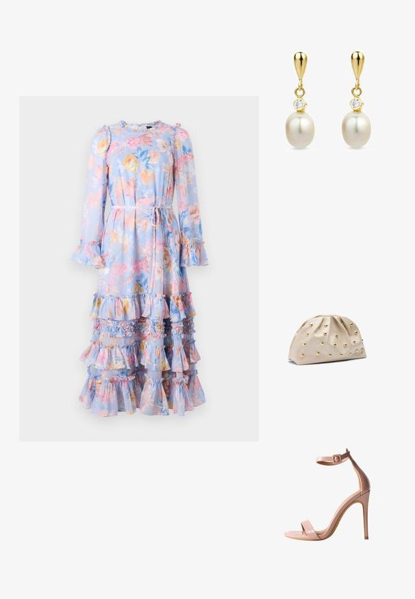 Lange mouw jurk met bloemenprint in lichtblauw, met ruche mouwen en gelaagde frullen. Bevat een tailleband en een levendig bloemenpatroon in pastelkleuren.; Nude patenten leren hoge hak sandaal met enkelbandje, open teen en slanke stiletto hak. Gladde textuur en een minimalistisch ontwerp.; Beige zachte clutch met een samengeplooide bovenkant en gelijkmatig verdeelde gouden metalen studs op het oppervlak, liggend op een witte achtergrond.; Gouden druppel oorbellen met witte parels en kleine heldere edelstenen boven elke parel, getoond op een witte achtergrond.