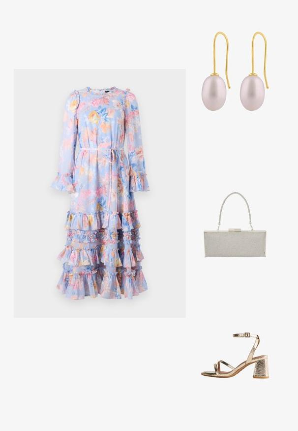 Lange mouw jurk met bloemenprint in lichtblauw, met ruche mouwen en gelaagde frullen. Bevat een tailleband en een levendig bloemenpatroon in pastelkleuren.; Gouden metallic sleehakken hebben een gestructureerde afwerking, open teen en drie diagonale banden met een enkelgesp. Blokhak voor stabiliteit.; Zilveren rechthoekige clutch tas met een mesh ontwerp, voorzien van een kettinghandvat en metalen klapsluiting. Glad textuur met sprankelende accenten.; Goudkleurige haakoorbellen met ovale, gladde lavendelparels met een zachte glans en minimalistisch ontwerp.