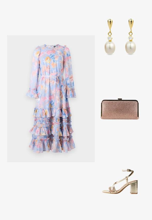Robe longue à manches longues en bleu clair avec des manches volantes et des volants en plusieurs niveaux. Dotée d'une ceinture à la taille et d'un motif floral vibrant en couleurs pastel.; Sandale à talon dorée en métal avec un bout carré, des brides croisées, une bride réglable à la cheville et un talon bloc texturé.; Pochette rectangulaire en or rose avec des strass scintillants et un fermoir métallique en haut, posée sur un fond blanc.; Boucles d'oreilles goutte en or avec des perles blanches et de petites pierres précieuses transparentes au-dessus de chaque perle, présentées sur un fond blanc.