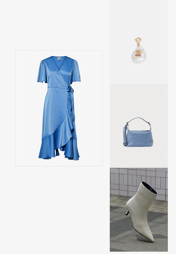 Blaues Satin-Wickeldress mit kurzen, schwingenden Ärmeln, einem V-Ausschnitt, einem Bindeband in der Taille und einem geschliffenen Saum für zusätzliche Textur.; Off-white Leder-Stiefel mit spitz zulaufender Zehe und kleinem Kittenabsatz, der auf einem Außenpflaster vor einer gefliesten Wand ruht.; Hellblaue Handtasche mit Krokodilleder-Prägung, kurzem Griff und abnehmbarem Schulterriemen. Glatte Textur mit Reißverschlussverschluss.; Perlenförmiger Anhänger aus weißer Perle, mit einem goldenen Kirschdesign und rosa Steinakzenten sowie einem goldenen Verschluss.
