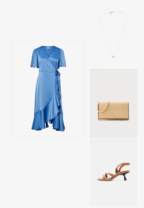 Blaues Satin-Wickeldress mit kurzen, schwingenden Ärmeln, einem V-Ausschnitt, einem Bindeband in der Taille und einem geschliffenen Saum für zusätzliche Textur.; Hellbraune Riemchensandale mit geflochtenen Lederriemen und kurzem schwarzem Kitten-Absatz, seitlich auf weißem Hintergrund gezeigt.; Rechteckige beige gewebte Clutch-Handtasche mit braunen Kanten, goldener Kettenträger und kleinem goldenen "RLL"-Logo in der Mitte der Vorderklappe.; Zarte goldene Halskette mit kleinem rundem Anhänger, der eine zentrale Perle und umliegende kleine Kristalle zeigt.
