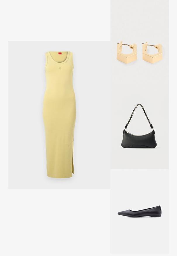 Robe longue jaune sans manches avec encolure ronde, fente latérale et logo "HUGO" en relief discret sur la poitrine.; Chaussure plate en cuir noire à bout pointu avec petit talon, vue de profil sur fond blanc.; Sac à bandoulière en cuir noir de forme rectangulaire incurvée, avec une chaîne dorée tissée dans la bandoulière noire tressée et une fermeture éclair sur le dessus.; Une paire de petites boucles d'oreilles géométriques en ton or avec des bords angulaires et des fermoirs à tige sur un fond clair.