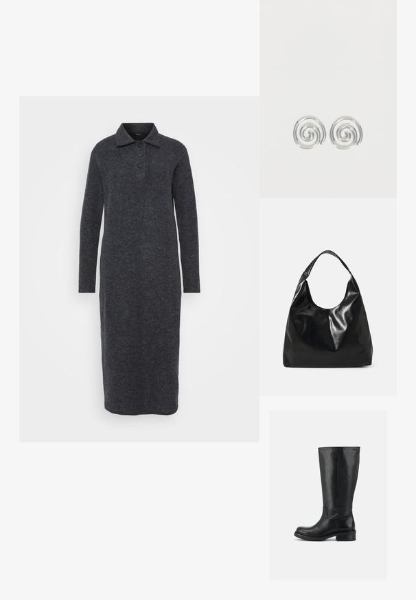 Robe noire à manches longues en tissu texturé, avec un col et une patte de boutonnage à trois boutons, d'une coupe droite jusqu à l'ourlet.; Bottes hautes en cuir noir avec talon bloc bas et bout arrondi, dessus lisse avec coutures minimales sur fond uni.; Sac hobo en cuir noir avec une texture douce et brillante et un haut ouvert arrondi. Dispose d'une large sangle courbée pour le transport. Pas de matériel visible.; Paire de boucles d'oreilles en forme d'anneau spirale en argent avec un design lisse et arrondi sur fond blanc uni.