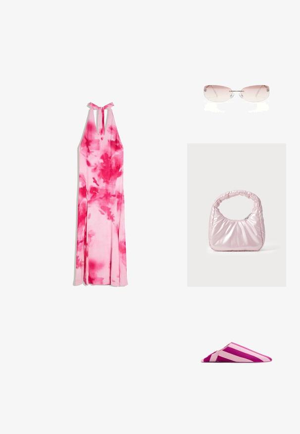 Longue robe dos-nu avec motif tie-dye rose et rouge, décolleté en V plongeant et fermeture à nouer dans le dos.; Chausson mule plat avec des larges rayures diagonales alternées rose et violet, bout pointu et dos ouvert.; Lunettes de soleil sans monture avec des verres à dégradé rose clair et des plaquettes de nez transparentes, présentées sur un fond blanc.; Sac à main rose rembourré avec un design arrondi, fabriqué à partir d'un matériau brillant. Dispose d'une poignée froncée et d'une fermeture éclair pour un accès sécurisé.