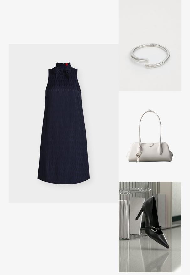 Robe sans manches bleu marine texturée avec un col montant et un grand nœud au niveau du col, présentée sur fond blanc.; Chaussure à talon haut noire pointue avec une bride à boucle argentée, placée sur une surface réfléchissante près d’un organiseur métallique contenant des papiers.; Sac à bandoulière blanc Calvin Klein avec longues poignées, forme rectangulaire, fermeture éclair et charm logo décoratif suspendu près de la poignée.; Calvin Klein SPIRAL - Bracelet - silver-coloured