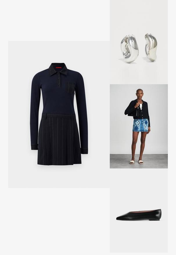 Robe polo marine à manches longues, texture côtelée, fermeture à boutons et poche sur la poitrine ; la jupe présente des rayures verticales et des plis.; Chaussure plate en cuir noir pour femme, avec bout pointu et petit talon, vue de côté sur un fond gris clair uni.; Un cardigan en maille noir, un haut blanc, une jupe en denim avec un motif de diamants bleus et noirs, un sac à main noir et des sandales à enfiler beiges.; Boucles d'oreilles sculpturales en argent avec des formes douces et courbes et des surfaces réfléchissantes. Présentent un design de boucle fermée et une forme organique distincte.