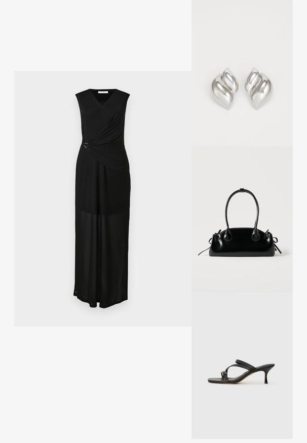 Schwarzes ärmelloses Maxikleid mit V-Ausschnitt, drapiertem Stoff und silbernen Hardware-Akzenten an der Taille. Sanfte Textur und fließendes Design.; Schwarze Sandalen mit Absatz und quadratischer Zehenform, zwei überkreuzten Riemen, goldfarbener Schnallenakzent und einem schmalen hohen Absatz. Weiches Ledertextur.; Kleine schwarze glänzende Handtasche mit zwei langen Griffen und seitlichen Kordelzug-Details vor einfachem hellem Hintergrund.; Silberne Ohrringe mit einer organischen, abstrakten Form. Glatte, glänzende Oberfläche mit einem konischen Design. Mit dezenten Kurven und einem zentralen Linienelement.