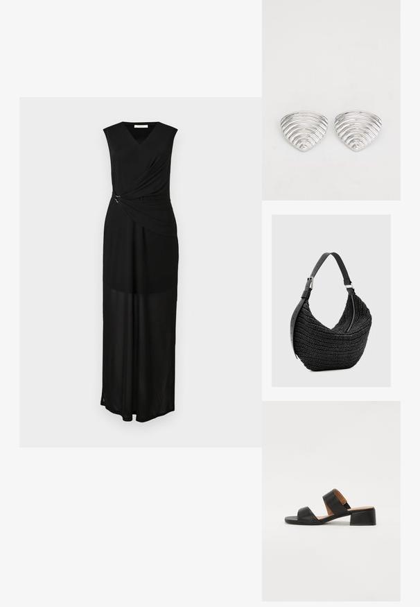Zwart mouwloos maxi-jurk met een V-hals, gedrapeerde stof en zilveren hardware accent bij de taille. Gladde textuur en vloeiende design.; Zwarte leren sandaal met twee brede banden over de voet, een vierkante neus en een lage blokhak. Glad textuur en minimaal ontwerp.; Zwarte geweven schoudertas met brede verstelbare leren band en zilveren rits, weergegeven tegen een eenvoudige lichte achtergrond.; Zilverkleurige oorknoppen met een golvend, getextureerd ontwerp, gevormd als overlappende maanschijven; de gepolijste afwerking versterkt de reflecterende kwaliteiten.