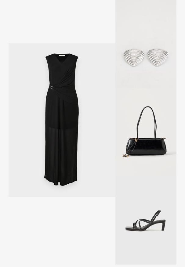 Vestido maxi sin mangas negro con escote en V, tejido drapeado y acento de herrajes plateados en la cintura. Textura suave y diseño fluido.; Sandalia negra de tiras con punta cuadrada y tacón bajo de bloque. Presenta múltiples tiras delgadas y una correa ajustable en el tobillo. Fabricada en cuero suave.; Bolso rectangular negro con dos tirantes largos, detalle de anilla dorada y cierre de cremallera sobre un fondo liso claro.; Pendientes en tono plateado con un diseño ondulado y texturizado, con forma de media lunas superpuestas; el acabado pulido realza las cualidades reflectantes.