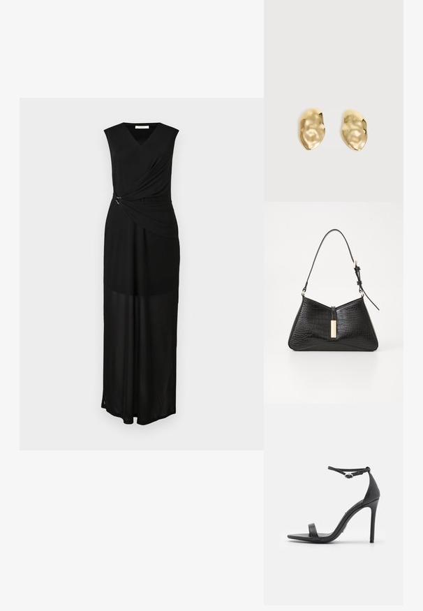 Schwarzes ärmelloses Maxikleid mit V-Ausschnitt, drapiertem Stoff und silbernen Hardware-Akzenten an der Taille. Sanfte Textur und fließendes Design.; Schwarze High Heels Sandalen mit offener Zehe, dünnen Riemen und Knöchelverschluss. Glatte Ledertextur mit spitzem Zehendesign.; Schwarze Handtasche aus kunstleder mit Kroko-Prägung, die eine dreieckige Form, einen schmalen Schultergurt und eine goldfarbene Hardware-Akzent in der Mitte aufweist.; Paar glänzende, unregelmäßig geformte Ohrstecker aus Goldmetall mit zerknitterter, glatter Oberfläche auf schlichtem hellem Hintergrund.