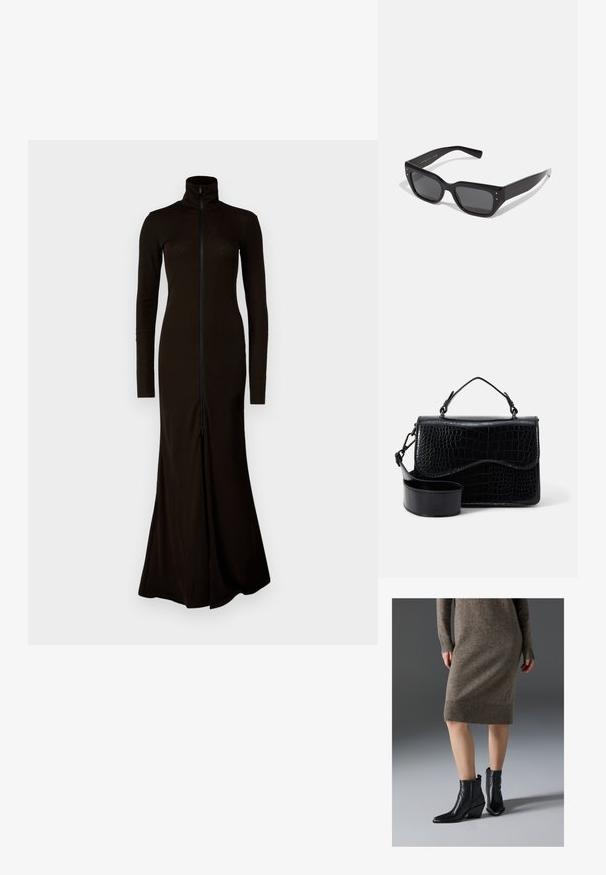 Vestido largo negro con un cuello alto, mangas largas y una cremallera frontal. Hecho de un material suave y ajustado con una falda acampanada.; Botines negros de cuero hasta el tobillo con punta afilada, tacón grueso y detalles de costura en zigzag, combinados con un vestido de punto marrón con canalé.; Gafas de sol rectangulares negras con lentes oscuros. Fabricadas en plástico brillante con un diseño robusto y acentos metálicos en los laterales.; Bolso cruzado de imitación cuero negro con un patrón de cocodrilo texturizado, un asa superior y una correa ajustable. Característica: cierre de solapa curvada.