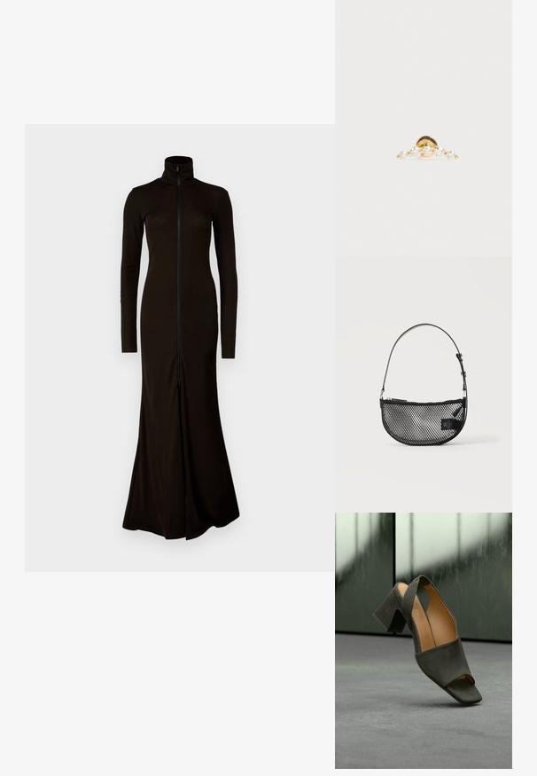 Vestido largo negro con un cuello alto, mangas largas y una cremallera frontal. Hecho de un material suave y ajustado con una falda acampanada.; Sandalia negra con tacón, abierta en la punta, de diseño elegante, con una superficie ligeramente texturizada y tacón bloque angular. Forro interior suave en tono beige claro.; Bolso de malla negra en forma de media luna con una correa corta ajustable de cuero y cierre de cremallera sobre un fondo claro y liso.; Pendiente de oro con cinco pequeñas piedras preciosas transparentes dispuestas en una línea curva sobre un fondo blanco.