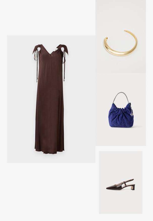 Bruine midi-jurk met een V-hals, geplooide schouderdetails en strikjes aan de mouwen. Glad materiaal met een vloeiende silhoutte. Geen zichtbare patronen.; Bruine slingback met puntige neus, lage blokhak, krokodillenpatroon, zij-uitsnede en verstelbaar riempje met gesp, getoond op een witte achtergrond.; Gewatteerde marineblauwe handtas met een zilverkleurige kettinghandgreep en een kleine zilveren logohanger aan de rechterkant.; Gouden metalen cuff armband met een glad, reflecterend oppervlak en een minimalistisch ontwerp, met zacht afgeronde randen en open uiteinden.