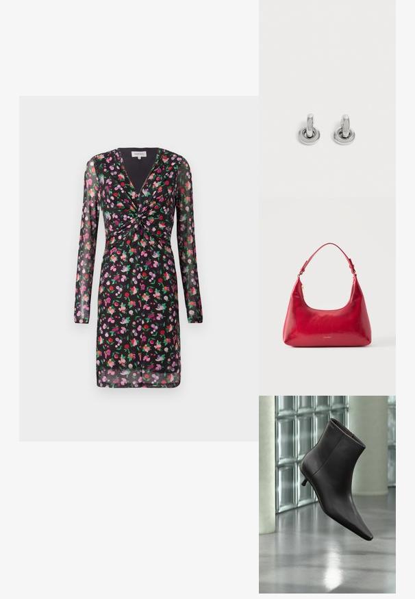 Sort kjole med gennemsigtige lange ærmer, blomsterprint i rød, pink og lilla, med et tvistet frontdetalje og V-udskæring.; Sort læderankelstøvle med spids tå og lille hæl vist mod en væg af glasblokke og poleret gulv baggrund.; Rød læder skuldertaske med guld lynlås og justerbar rem, Calvin Klein-logo centreret foran.; Par små, skinnende sølv hoops med rund base, vist på en ensfarvet lys baggrund.