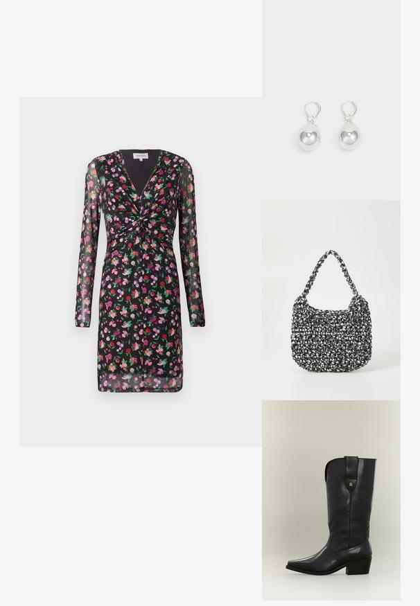 Sort kjole med gennemsigtige lange ærmer, blomsterprint i rød, pink og lilla, med et tvistet frontdetalje og V-udskæring.; Høj sort læder cowboystøvle med spids tå, kraftig hæl og trækstrop med lille gyldent logo.; Vævet håndtaske i sort og hvid med en rund form, tekstureret overflade og et fletet håndtag. Velegnet til afslappet brug.; Sølv dråbeøreringe med glatte, runde, reflekterende overflader hængende fra svingelukkede låse. Baggrunden er helt hvid.