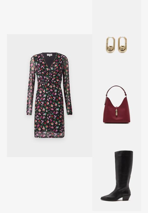 Schwarzes Kleid mit durchsichtigen langen Ärmeln, floralen Motiven in Rot, Pink und Lila, mit einem verdrehten Vorderteil und V-Ausschnitt.; Schwarzer Lederstiefel bis zur Wade mit spitzer Spitze und niedrigem schrägem Absatz vor einfachem hellem Hintergrund.; Burgunderrote Lederhandtasche mit einer glatten Textur, V-förmigem Design und einem Verschluss in goldener Farbe. Verstellbarer Schulterriemen für Vielseitigkeit.; BOSS DOUBLE B SWING - Ohrringe - gold-coloured