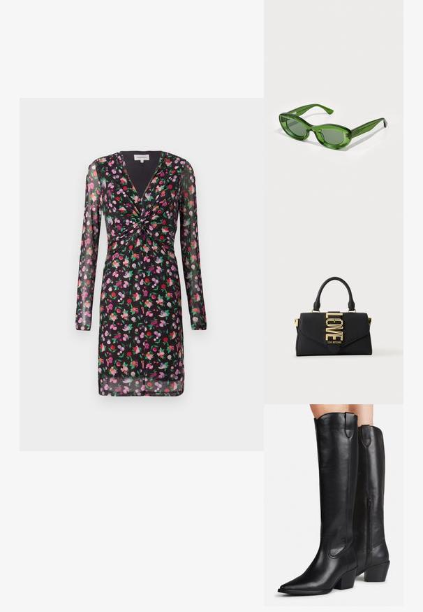 Schwarzes Kleid mit durchsichtigen langen Ärmeln, floralen Motiven in Rot, Pink und Lila, mit einem verdrehten Vorderteil und V-Ausschnitt.; Hohe schwarze Lederstiefel mit spitzen Zehen, Blockabsätzen und seitlichen Reißverschlüssen, getragen an Beinen vor hellem Hintergrund.; Grüne Plastiksonnenbrille mit ovaler Form, dicken Rahmen und dunkelgrünen Gläsern. Verfügt über schlanke, transparente Bügel mit dezentem Branding.; Schwarze Handtasche mit einem Henkel, goldener Verschluss mit dem Wort LOVE und "Love Moschino"-Markenlogo auf der Frontklappe.