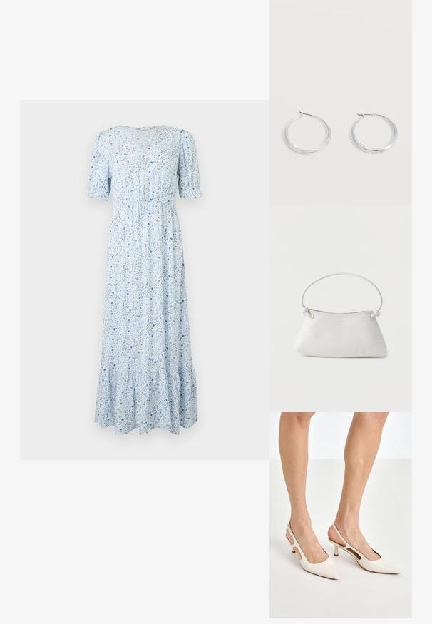 Robe midi bleu clair avec manches courtes bouffantes, décolleté en V, taille froncée, petit imprimé floral et ourlet à volants.; Escarpins à talon slingback en cuir verni beige avec un bout pointu et un talon de 5 cm, présentant des côtés découpés et une fine bride à la cheville.; Sac à main en cuir tressé blanc avec poignée arrondie et extrémités de lanière nouées, présenté sur un fond uni.; Boucles d’oreilles créoles en métal argenté avec une surface lisse légèrement incurvée et des fermoirs à clapet sur un fond blanc uni.