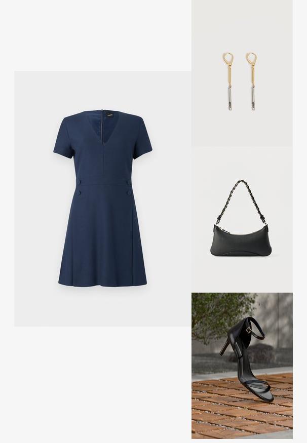 Robe bleu marine avec un décolleté en V, des manches courtes et une jupe évasée. Elle dispose d'une fermeture éclair dans le dos, de deux boutons décoratifs à la taille et d'une texture lisse.; Sandale noire à talon haut avec sangle à la cheville, suspendue au-dessus d'un sol en carreaux de bois à l'extérieur, avec un arrière-plan flou de verdure et de pierre.; Sac à bandoulière en cuir noir de forme rectangulaire incurvée, avec une chaîne dorée tissée dans la bandoulière noire tressée et une fermeture éclair sur le dessus.; Boucles d'oreilles pendantes en or et argent avec fermoirs à levier, présentant une barre en or reliée à une barre en argent gravée "DKNY" sur un fond blanc.