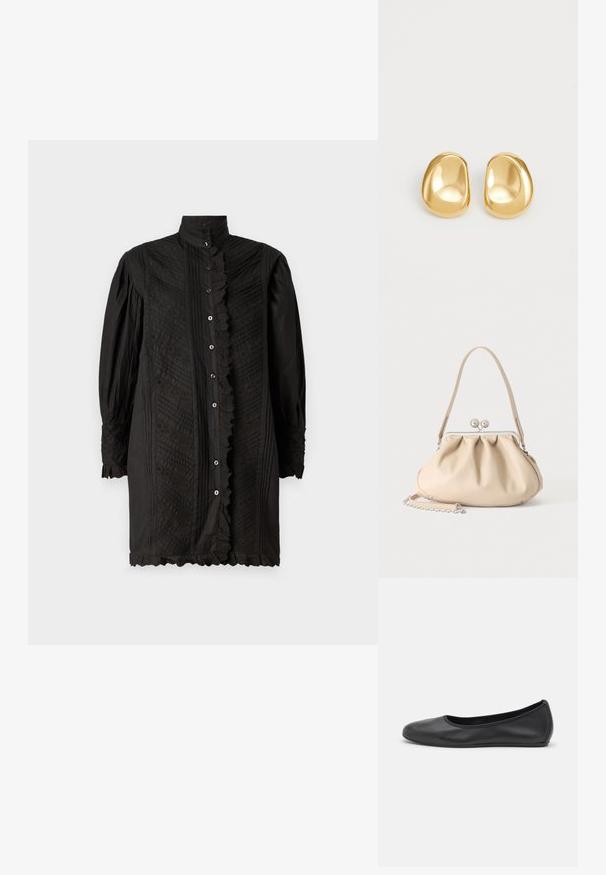 Camisa negra de manga larga con cuello alto, tejido texturizado, patrones intrincados, delante abotonado y con bordes rizados en los puños y el dobladillo.; Bailarina de piel negra con punta redondeada, textura suave, detalle de costura minimalista y diseño de suela flexible.; Bolso de mano de cuero suave beige con cierre de marco metálico plateado, una correa para el hombro y una correa de cadena opcional sobre un fondo blanco.; Pendientes de studs en color dorado con una forma suave y redondeada y una superficie reflectante, que exhiben un diseño minimalista y sin patrones visibles.