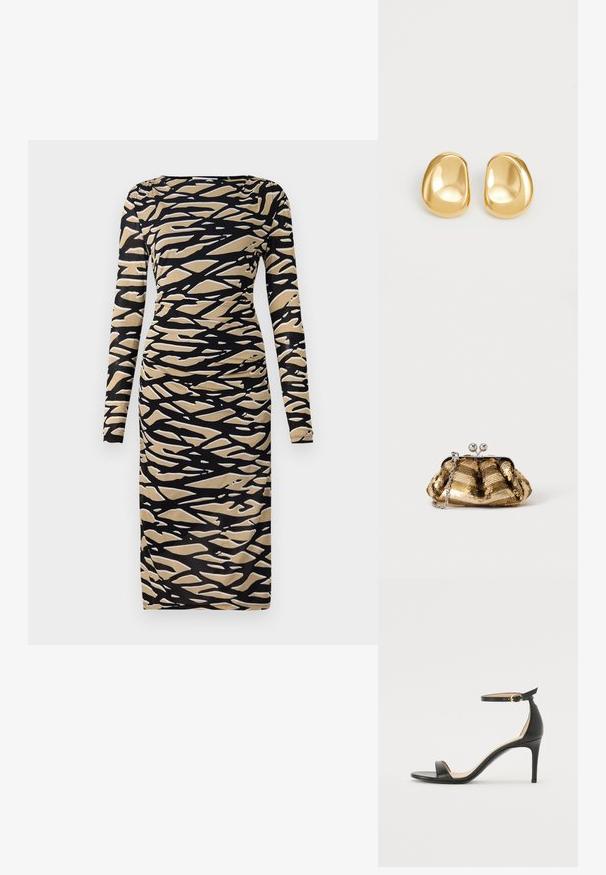 Langärmliges Kleid in Schwarz und Beige mit abstraktem Wellenmuster. Hergestellt aus dehnbarem Stoff, mit einer taillierten Silhouette und Rundhalsausschnitt.; Schwarze Leder-high-heeled Sandale mit Knöchelriemen. Verfügt über eine glatte Textur, offene Zehen und einen dünnen Absatz. Goldfarbener Schnallenakzent.; Kleine goldene Pailletten-Clutch mit silbernem Verschluss und kurzem silbernem Kettenhenkel auf einfarbig hellem Hintergrund.; Goldfarbene Ohrstecker mit einer glatten, runden Form und einer reflektierenden Oberfläche, die ein minimalistisches Design ohne sichtbare Muster zeigen.