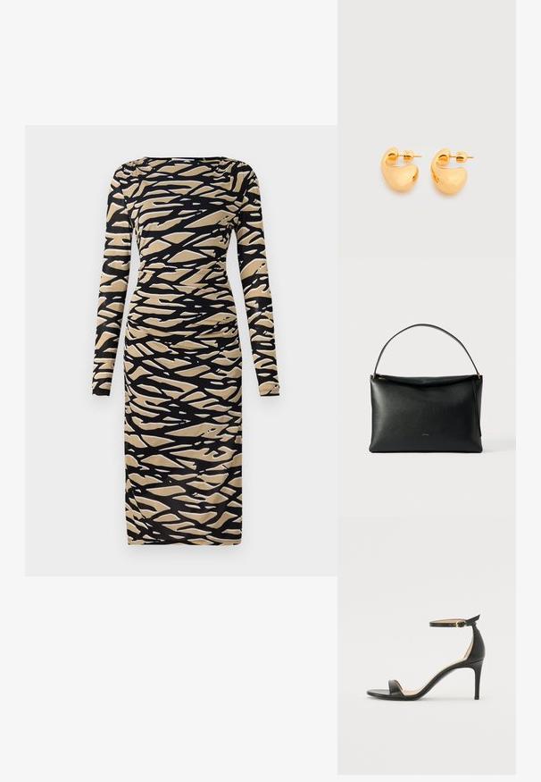 Langärmliges Kleid in Schwarz und Beige mit abstraktem Wellenmuster. Hergestellt aus dehnbarem Stoff, mit einer taillierten Silhouette und Rundhalsausschnitt.; Schwarze Leder-high-heeled Sandale mit Knöchelriemen. Verfügt über eine glatte Textur, offene Zehen und einen dünnen Absatz. Goldfarbener Schnallenakzent.; Schwarze Lederhandtasche mit glatter Textur, einem geschwungenen Henkel und einem Reißverschlussdetail in Goldoptik. Minimalistisches Design mit einem dezenten Logo.; Paar kleine, klobige Ohrstecker in Goldton mit glatten, geschwungenen, abstrakten Formen vor hellem Hintergrund.