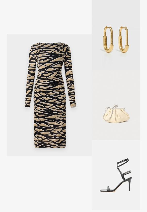 Langärmliges Kleid in Schwarz und Beige mit abstraktem Wellenmuster. Hergestellt aus dehnbarem Stoff, mit einer taillierten Silhouette und Rundhalsausschnitt.; Schwarze Sandalette mit hohem Absatz, schlankem Knöchelriemen, Mittelriemen verziert mit silbernen Kettengliedern und offenem Zehendesign.; Faltige beigefarbene Ledertasche mit einem silbernen Metallrahmen, ausgestattet mit zwei runden dekorativen Verschlüssen und einem silbernen Kettenriemen.; Goldene Metall-Hoops mit einer verlängerten ovalen Form, ausgestattet mit einer glatten, polierten Oberfläche und einem kleinen Scharnier zur Befestigung.