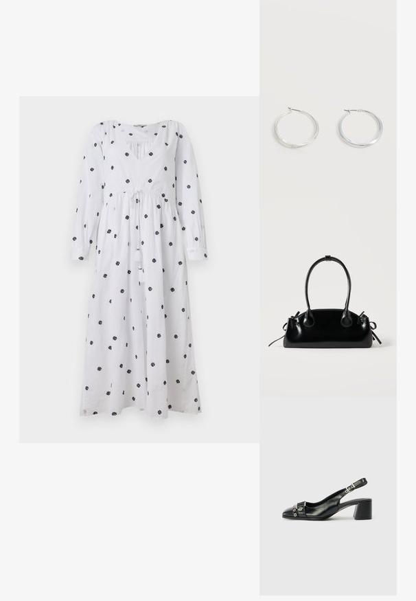 Weißes Kleid mit langen Ärmeln und V-Ausschnitt. Mit schwarzem floralem Stickerei und einem Kordelzug in der Taille mit Quasten. Weicher, leichter Stoff.; Schwarze Leder-Slingback-Pumps mit spitzem Vorderteil, strukturiertem Riemen mit runden metallischen Akzenten und gestapeltem Blockabsatz.; Kleine schwarze glänzende Handtasche mit zwei langen Griffen und seitlichen Kordelzug-Details vor einfachem hellem Hintergrund.; Silberne Metallcreolen mit glatter, leicht gebogener Oberfläche und Klappverschluss vor schlicht weißem Hintergrund.