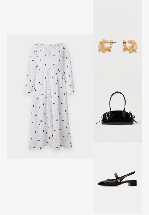 Weißes Kleid mit langen Ärmeln und V-Ausschnitt. Mit schwarzem floralem Stickerei und einem Kordelzug in der Taille mit Quasten. Weicher, leichter Stoff.; Schwarze Leder-Slingback-Schuh mit runder Spitze, ausgestattet mit einer glänzenden Kappe und einem goldenen Akzent am Riemen, gesichert mit einem kleinen Blockabsatz.; Kleine schwarze glänzende Handtasche mit zwei langen Griffen und seitlichen Kordelzug-Details vor einfachem hellem Hintergrund.; Ohrstecker in Goldoptik mit abstrakter, organischer Form, die eine strukturierte Oberfläche und einen Steckverschluss aufweisen.