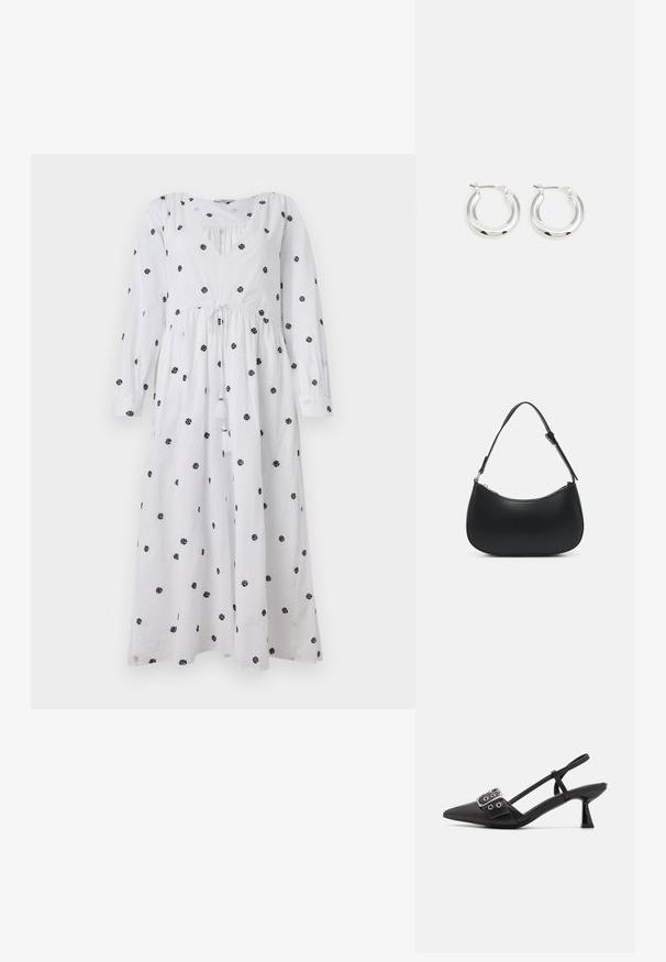 Weißes Kleid mit langen Ärmeln und V-Ausschnitt. Mit schwarzem floralem Stickerei und einem Kordelzug in der Taille mit Quasten. Weicher, leichter Stoff.; Simmi London DALA - Pumps - black; Pieces PCALUANA SHOULDER BAG - Handtasche - black; Silberne Creolen mit glänzender Oberfläche, die eine kreisrunde Form haben und mit einem schwenkbaren Verschluss ausgestattet sind. Glatte Textur mit minimalen Details.
