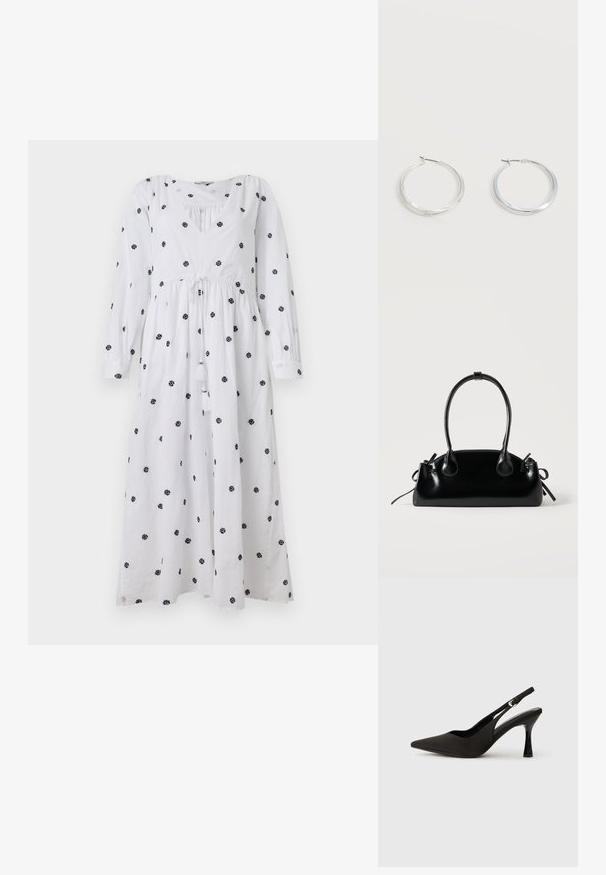Weißes Kleid mit langen Ärmeln und V-Ausschnitt. Mit schwarzem floralem Stickerei und einem Kordelzug in der Taille mit Quasten. Weicher, leichter Stoff.; Schwarze Slingback-Absatzschuhe mit spitzem Zehenbereich, glattem, mattem Finish und schmalem, glanzvollem Absatz. Verstellbarer Riemen mit kleiner Schnallen-Detail.; Kleine schwarze glänzende Handtasche mit zwei langen Griffen und seitlichen Kordelzug-Details vor einfachem hellem Hintergrund.; Silberne Metallcreolen mit glatter, leicht gebogener Oberfläche und Klappverschluss vor schlicht weißem Hintergrund.