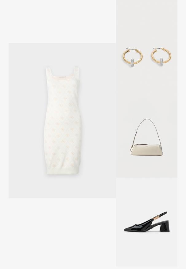 Strickkleid in Creme mit einem subtilen floralen Muster. Es hat ein tailliertes Design, einen quadratischen Ausschnitt und einen gerippten Saum. Weiche Textur für ein angenehmes Tragegefühl.; Schwarze Lackleder Slingback-Pumps mit einer spitzen Zehe und goldfarbener Hardware am Riemen, ausgestattet mit einem Blockabsatz. Glatte Textur.; Kleine beige Lederschultertasche mit dünnem Riemen und Reißverschluss, vorne in der Mitte mit einem dezenten metallischen Logo.; Paar goldfarbene Creolen mit kleinem silberfarbenem Schlaufen-Detail an jeder, vor hellem grauem Hintergrund präsentiert.