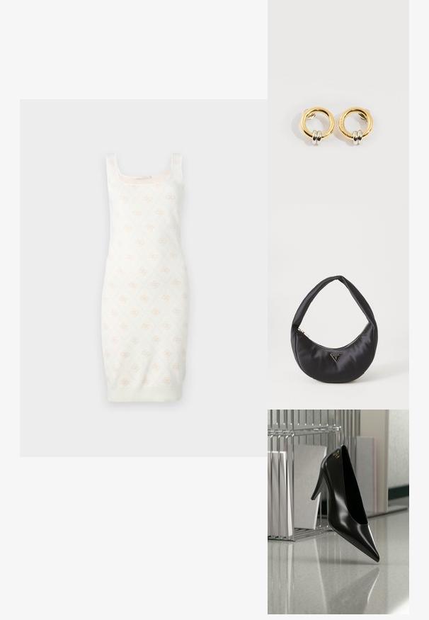 Strickkleid in Creme mit einem subtilen floralen Muster. Es hat ein tailliertes Design, einen quadratischen Ausschnitt und einen gerippten Saum. Weiche Textur für ein angenehmes Tragegefühl.; Schwarzer High-Heel-Schuh mit spitzer Zehe und goldem Logo, auf einer reflektierenden Oberfläche nahe einem verchromten Draht-Organizer mit Dokumenten positioniert.; Schwarze Satin-Handtasche mit geschwungener Form, ausgestattet mit einem Reißverschluss und einem dreieckigen Metallsymbol auf der Vorderseite. Glatte Textur und elegantes Design.; Goldene runde Ohrringe mit jeweils zwei kleinen silbernen Ringen, die dezent gravierte Markennamen zeigen, vor weißem Hintergrund platziert.
