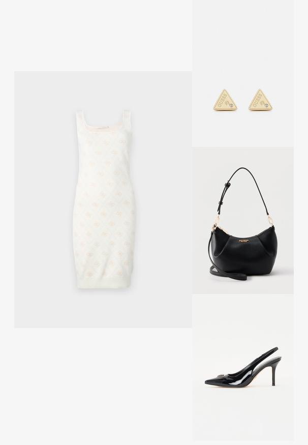 Strickkleid in Creme mit einem subtilen floralen Muster. Es hat ein tailliertes Design, einen quadratischen Ausschnitt und einen gerippten Saum. Weiche Textur für ein angenehmes Tragegefühl.; Schwarze Lackleder-Slingback-Pumps mit spitzer Zehenpartie, schlankem Stiletto-Absatz und dekorativer Verzierung auf dem Vorderblatt.; Schwarze, strukturierte Leder-Schultertasche mit goldfarbenem Reißverschluss, verstellbarem Träger und goldenem "GUESS"-Logo vorne in der Mitte.; Guess PARTY - Ohrringe - gold-coloured