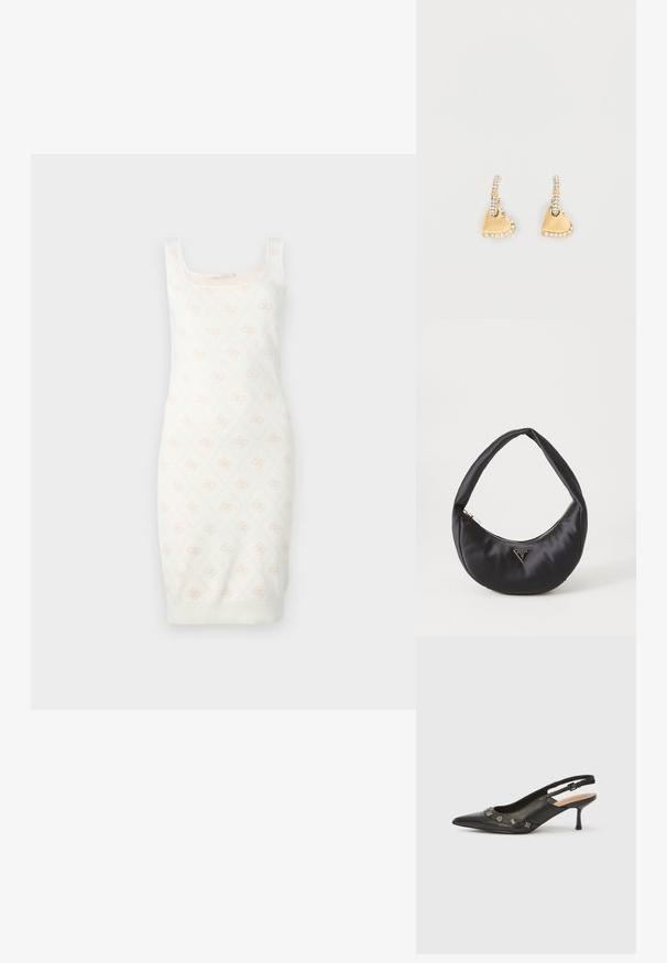 Strickkleid in Creme mit einem subtilen floralen Muster. Es hat ein tailliertes Design, einen quadratischen Ausschnitt und einen gerippten Saum. Weiche Textur für ein angenehmes Tragegefühl.; Schwarzer Leder-Pumps mit Slingback, spitzer Spitze, kleinem Absatz und dekorativen metallischen Akzenten entlang der vorderen Öffnung. Glatte Textur.; Schwarze Satin-Handtasche mit geschwungener Form, ausgestattet mit einem Reißverschluss und einem dreieckigen Metallsymbol auf der Vorderseite. Glatte Textur und elegantes Design.; Herzförmige Ohrringe in Goldton mit glatter Oberfläche, Strassakzenten und einem strukturierten Creolen-Design mit "GUESS" Gravur.