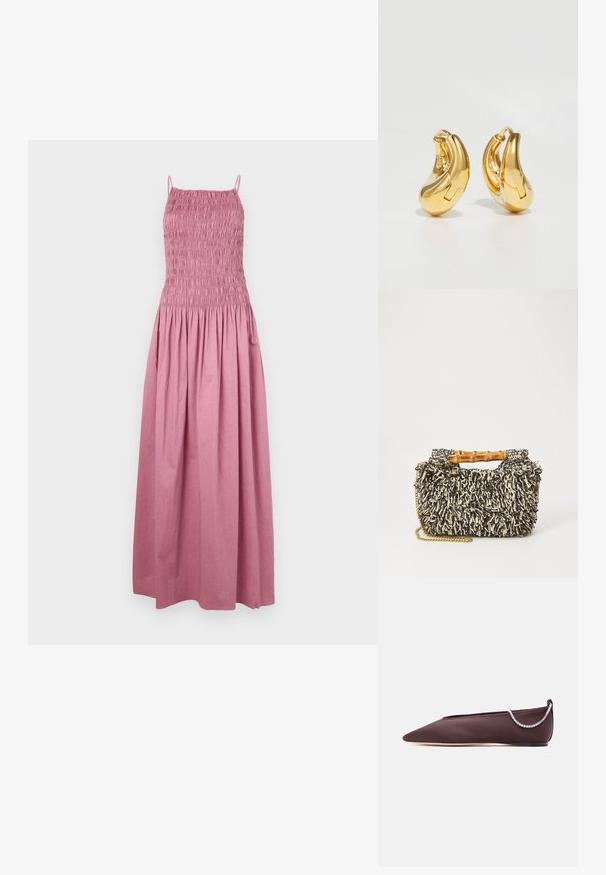 Robe maxi en rose pâle, avec un corsage smocké, de fines bretelles et une jupe fluide avec une taille froncée. Fabriquée en tissu léger.; Chaussure plate marron foncé à bout pointu avec un petit talon et un détail chaîne en strass argentée à l'arrière.; Sac tissé avec un motif texturé noir et crème, une poignée en bambou et une bandoulière en chaîne dorée amovible. Forme rectangulaire compacte.; Boucles d'oreilles en or en forme de d'anneaux lisses et courbés avec une finition polie. Équipées d'un mécanisme de fermeture et de légères indentations pour le détail.